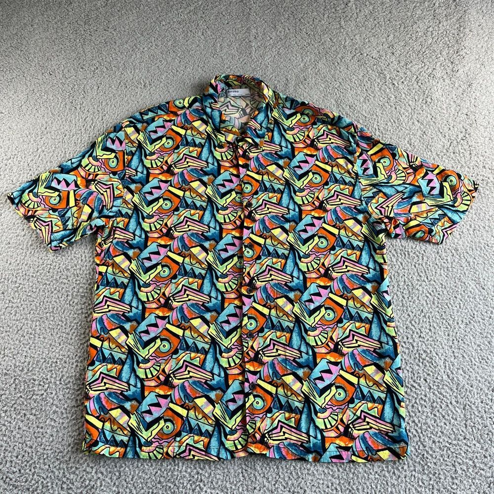 NEW Bershka Shirt Mens Large Multicolor Button‎ Up Geometric Boho Hawaiian Aloha